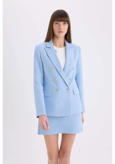 DeFacto Regular Fit Ceket Yaka Tweed Blazer Ceket E5331AX25SPBE196 Mavi DeFacto Regular Fit Ceket Yaka Tweed Blazer Ceket E5331AX25SPBE196 Mavi
