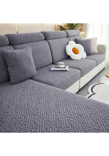 Gri Peluş Kanepe Koltuk Kılıfı Oturma Odası İçin Köşe Kanepe Seti Plus L 3 Seater
