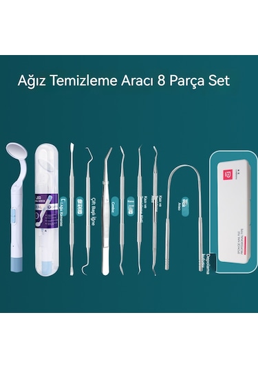 Diş Taşı Sökücü Ağız Bakım Aracı Endoskopik Tıbbi Prob Temizleme Diş Lekeleri Tartar Led Çift Işık Kaynağı Şarj Ağzı B Işıklı Ağız 8 Parça Seti