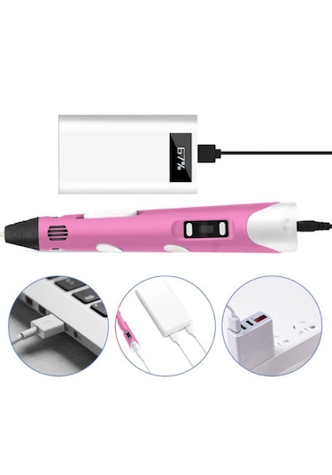 Pembe 3D Kalem 3D Pen Yazıcı Kalem – 10 Adet 5 Metrelik PLA Filament (Toplam 50M) + USB Kablo