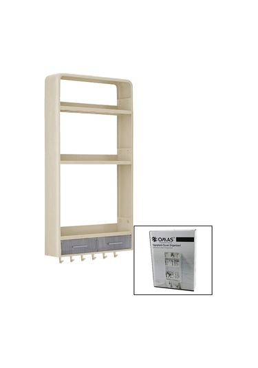 Bej Yapışkanlı Duvar Organizeri Plastik 3 Raf 14cm-19cm-30cm - 2 Çekmece 40cm - 6 Askı 19 Pcarça 4741 Ahşap - Ahşap