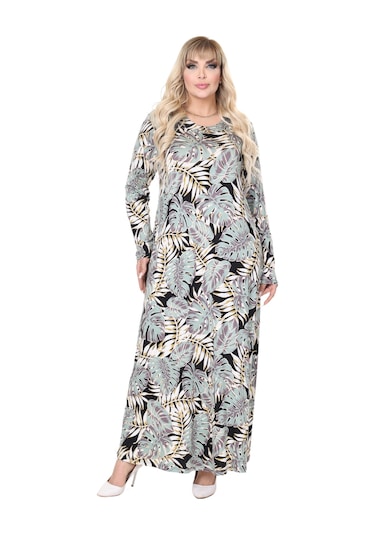 Melsay Butik Yeşil Beyaz Tropik Desen Uzun Kollu Kadın Tesettür Elbise Yeşil