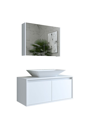 Banos Banyo Roomart Lavabolu Mat Beyaz Mdf 100Cm Banyo Dolap+Ayna Mat Beyaz