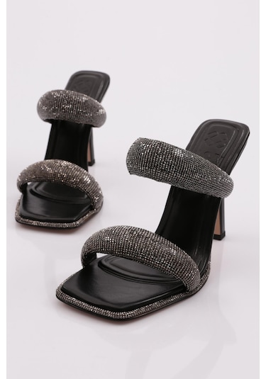Dgn 2027 Kadin Kalin Silver Taş Bantli Topuklu Terlik 2027-2219-R1534 Siyah
