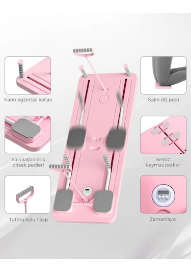 Pilates Aleti Zamanlayıcılı, Direnç Bantlı Çok Amaçlı Egzersiz Tahtası Telefon Tutacaklı Açık Pembe