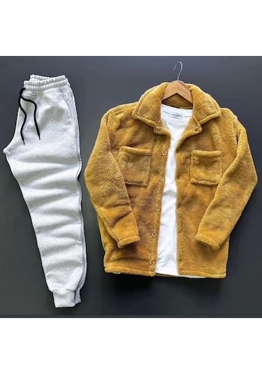 Unisex Taba Peluş Polar Hırka Gömlek Gri Eşofman Altı Takım Taba - Gri