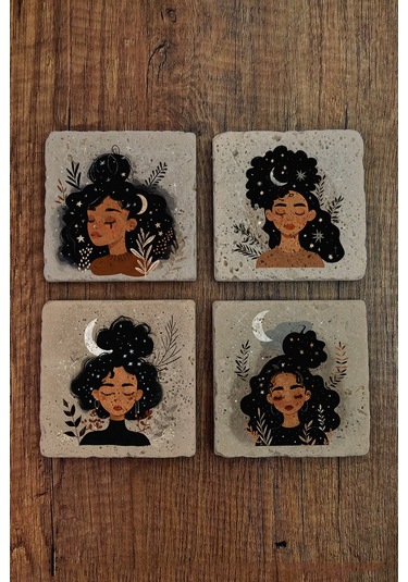 Ayçiçeği Kadınları Temalı Doğal Taş Bardak Altlığı - Stone Coasters Çok Renkli