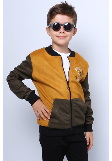 Erkek Çocuk Kolej Ceket Fermuarlı Baskılı Cepli C32 Hardal