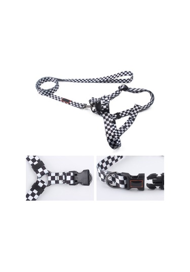 Geeroyoo Ayarlanabilir Poliester Köpek Tasması Ve Koşum Takımı - Siyah Desenli, Orta Boy Siyah