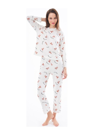 Premium Yazlık Kadın Pijama Takımı Ayıcık Desenli Yumuşak Dokulu Bisiklet Yaka Uzun Kollu Krem