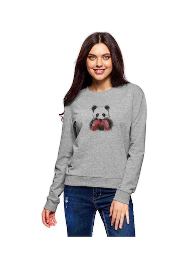 Panda Boks Baskılı Gri Kadın Sweatshirt