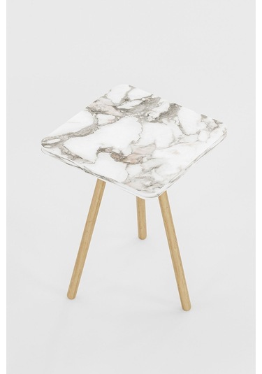 İntergo Kare Tasarımlı Ahşap Ayaklı Tekli Zigon Sehpa Beyaz Mermer