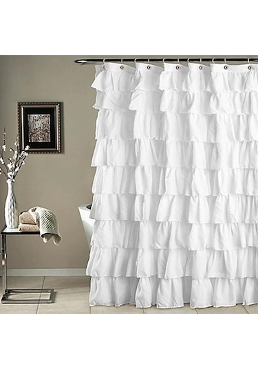 Su Geçirmez Oluklu Kenar Duş Perdesi Fırfırlı Banyo Perdesi Dekorasyonu Beyaz
