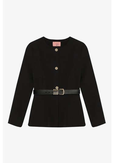 Quzu Kemer Aksesuarlı Yuvarlak Yaka Siyah Kadın Ceket Ckt00922 Siyah