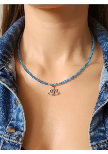 Doğaltaş Apatit Lotus Çiçeği Kolye Mavi