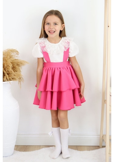 Kız Çocuk Helen Pembe Askılı Kat Kat Bağlama Jile Elbise Dantel Detay Ekru Kısa Kollu Bluz Takım