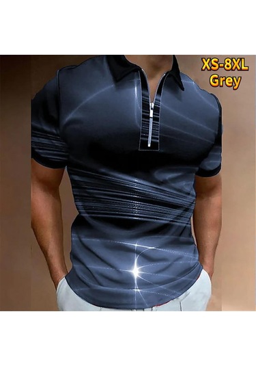 Gri Rahat Yaka T-shirt Genç Erkek Moda Fermuar Kısa Kollu Tişört Erkek 3d Kırmızı Işık Dalga Baskı T Gömlek Gri