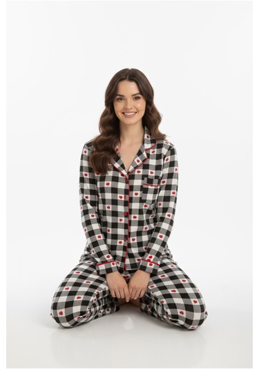 Luxury Viscose Siyah Beyaz Kareli Kalp Desenli Kadın Uzun Kollu Pijama Takımı 42564 Gri