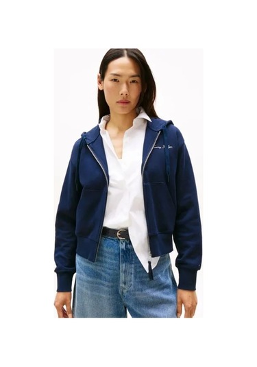 Tommy Hilfiger Kadın Yazı Baskılı Pike Fermuarlı Kapüşonlu Mavi Sweatshirt Ww0ww45742c1g Mavi