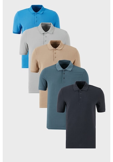 Buratti Pamuklu Regular Fit Düğmeli Polo Yaka 5'Li Paket Erkek T Shirt 5902127S5 Antrasit-Koyu Mavi-Kül-Petrol-Vizon
