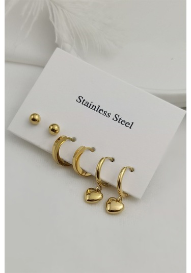 Çlk Accessories Çelik 6 Lı Kalp Küpe Kombin Trküpe34623 - Gold Altın