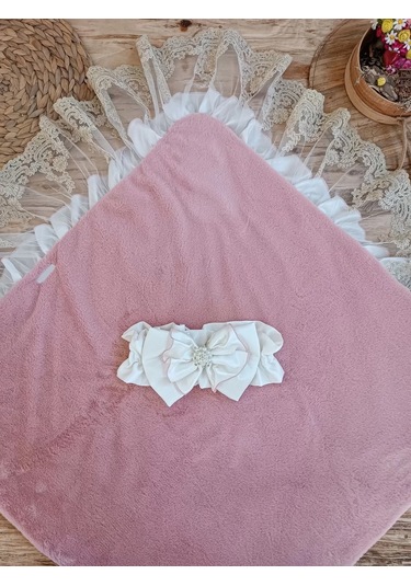 Yenidoğan Wool Yün Kumaş Taç Nakışlı Güpür Duvaklı Fiyonk Prizma Taş Unisex Kundak Bebek Battaniyesi Pembe Çok Renkli