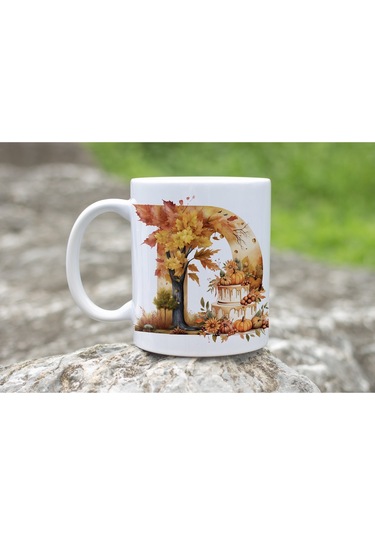 D Harf Sonbahar Yaprak Temalı Kupa Bardak - Sevimli Figürler İle Alfabe Harfli Bardak - Kişiye Özel Beyaz