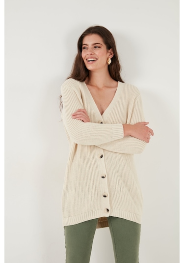 Lela Regular Fit V Yaka Düğmeli Triko Örme Uzun Bayan Hırka 4615044 Taş