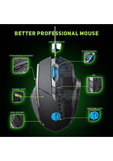 Inphic Pw1h Kablolu Sessiz Aydınlatmalı Bilgisayar Oyun 6 Düğmeli Fare Gri Diğer