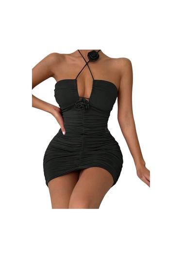 Straplez Kesim Önden Fiyonk İle Bağlamalı Bel Dekolteli Yanlardan Büzgülü Kolluklu Şık Elbise Siyah