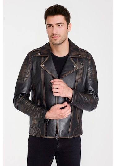 Derije Modric Hakiki Deri Erkek Vintage Eskitme Biker Motorcu Tarzı Mont