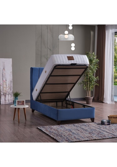 Blue Star Tek Kişilik Baza + Başlık + Yatak Set 3 Lü Set Mavi