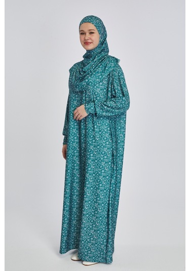 Pratik Tek Parça Çiçek Desenli Namaz Elbisesi Petrol Petrol Mavi