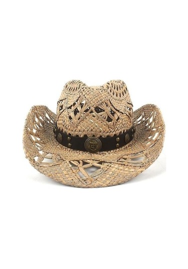 El Yapımı Doğal Saman Dokuma Kovboy Şapkası - Üç Fasulye Desenli Şık Ve Rahat Aksesuar Kahverengi