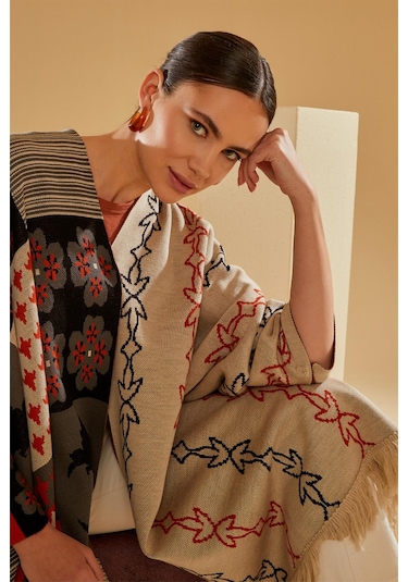 Uludağ Triko Kadın Patchwork Desen Şal Panço - SSTD Beyaz