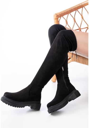 812-2194 Siyah Süet Fermuarlı Diz Üstü Bağcıklı Çorap Günlük Kadın Çizme Resimdeki Renk