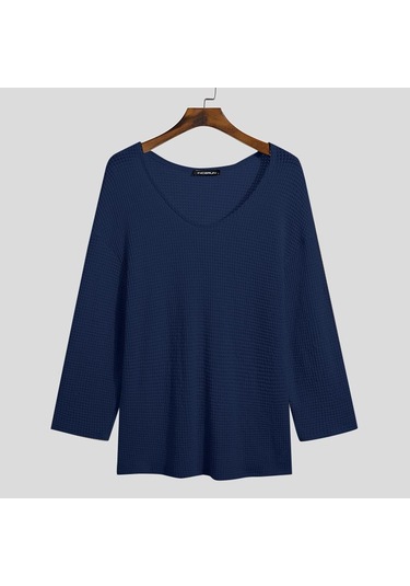 Koyu Mavi İncerun Bahar Erkek Uzun Kollu Salaş V Yaka Üstler Koyu Mavi