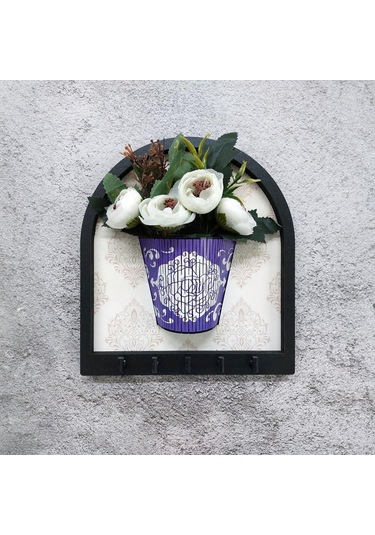 Cajuart Ahşap Motifli Mor Saksı İçinde Beyaz Yapay Çiçek Askılık Duvar Dekoru
