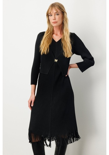 Ekol Kadın Kelebek Broşlu Püsküllü Elbise 4919 Siyah Siyah