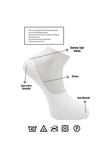 Bambu Kadın Babet Beyaz Çorap Dikişsiz Görünmez Kaydırmaz Topuk Silikonlu 6'lı Beyaz