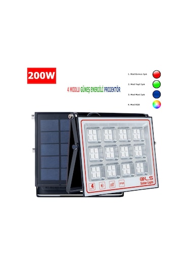 200 Solar 5 Modlu Güneş Enerjili Led Projektör Mavi Yeşil Kırmızı Ve Rgb Renk Aydınlatma 1 Adet