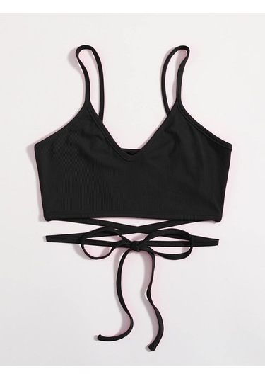 V Yaka Askılı İpli Siyah Renk Fitilli Super Crop Top Büstiyer Siyah