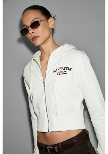 Grimelange Iressıne Kadın Kapüşonlu Fermuarlı Uzun Kollu Regular Beyaz Sweatshirt Beyaz