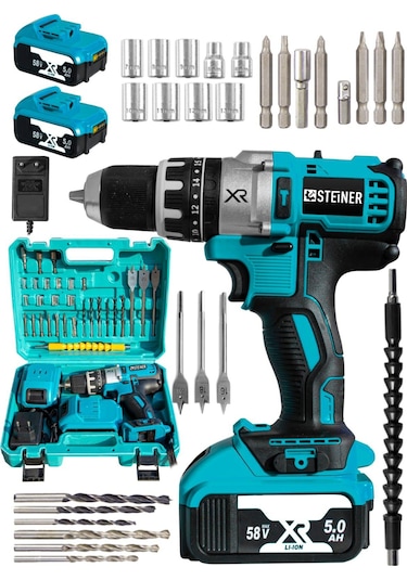 Steiner XR 58 V 5Ah Darbeli Li-ion Çift Akülü Şarjlı Vidalama Matkap + 30 Parça Pro Set