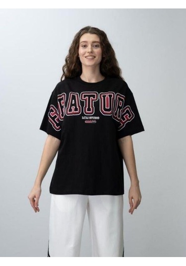 Kız Çocuk Future Baskılı Çizgili Oversize Eşofman Takım-15537 Siyah