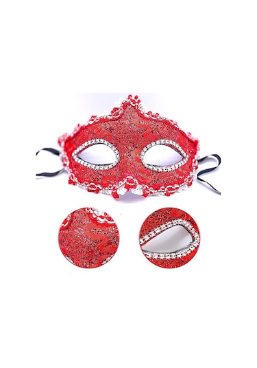 Kırmızı Renk Gözler Kristal Taşlı Dantelli Parti Maskesi 11x17 Cm