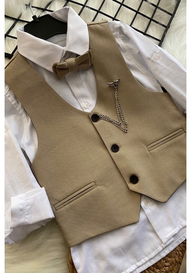 Zincirli Üç Düğme Erkek Çocuk Takım Elbise Bej