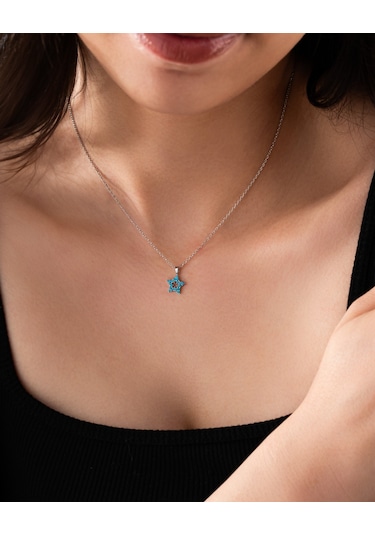 925 Ayar Rodyum Turkuaz Taşlı Yıldız Minimal Gümüş Kolye Rzn10322 Gümüş