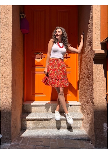 Buse Vual Kısa Etek Tomurcuk Desen Turuncu 6168