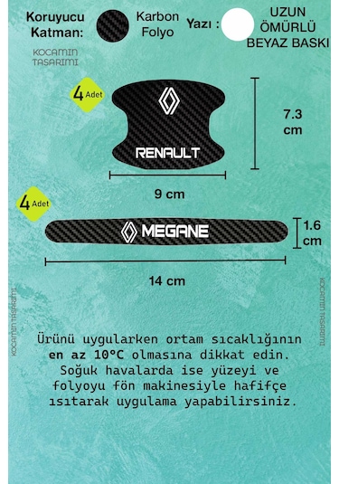 Renault Megane Kapı Kolu Koruma Seti Megane Modeline Özel Karbon Desenli 8 Parça Şık Folyo